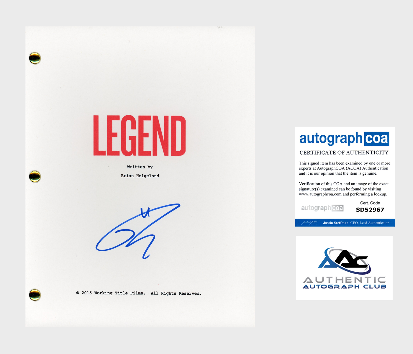 TOM HARDY AUTOGRAPH SIGNED LEGEND FULL SCRIPT SCREENPLAY ACOA