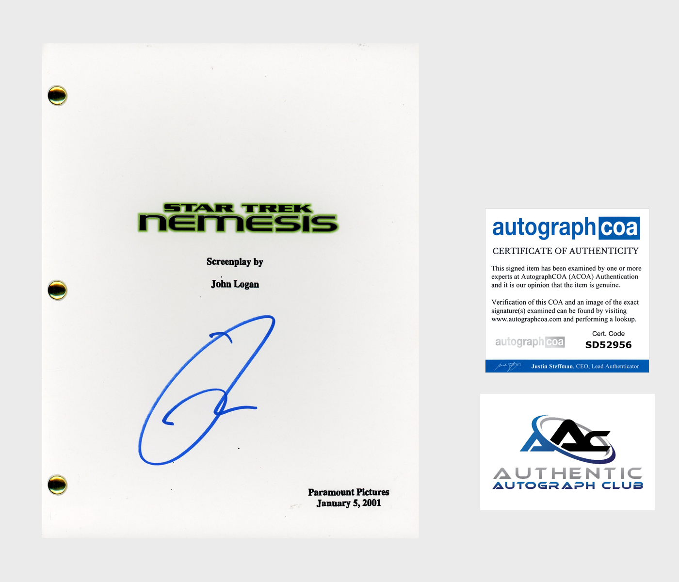TOM HARDY AUTOGRAPH SIGNED STAR TREK NEMESIS FULL SCRIPT SCREENPLAY ACOA