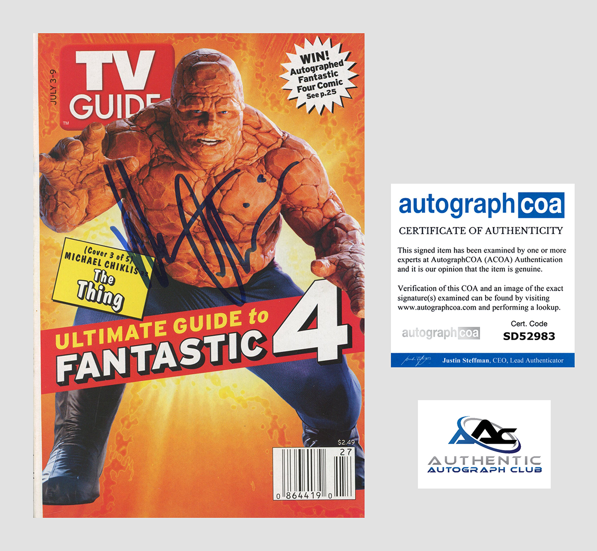 MICHAEL CHIKLIS AUTOGRAPH SIGNED TV GUIDE FANTASTIC 4 THE THING ACOA