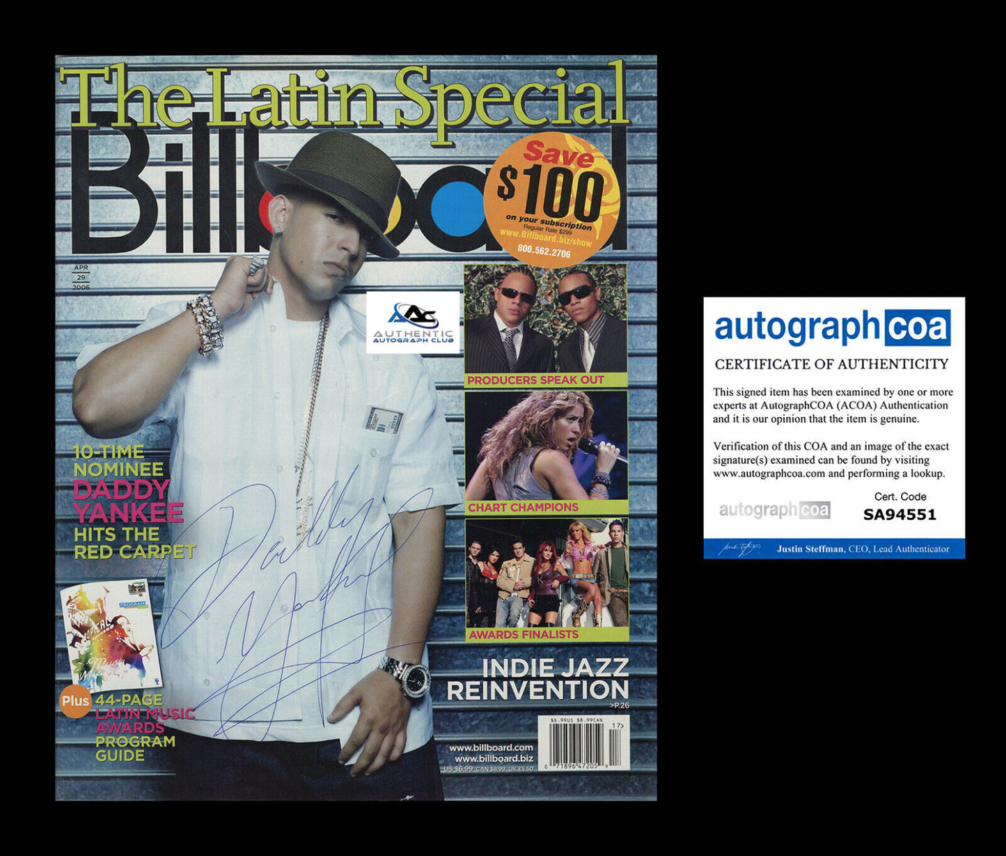 RARE DADDY YANKEE AUTOGRAPH SIGNED BILLBOARD MAGAZINE APRIL 2006 ACOA