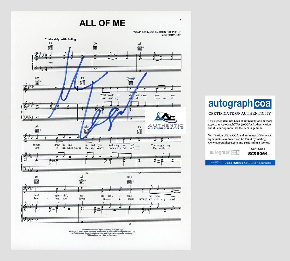 JOHN LEGEND AUTOGRAPH SIGNED ALL OF ME SHEET MUSIC ACOA
