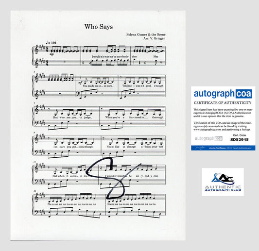 SELENA GOMEZ AUTOGRAPH SIGNED SHEET MUSIC WHO SAYS ACOA