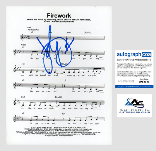 KATY PERRY AUTOGRAPH SIGNED SHEET MUSIC FIREWORK ACOA