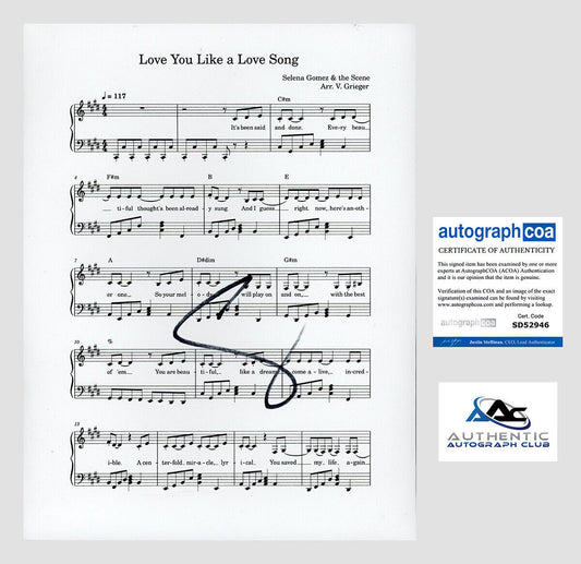 SELENA GOMEZ AUTOGRAPH SIGNED SHEET MUSIC LOVE YOU LIKE A LOVE SONG ACOA