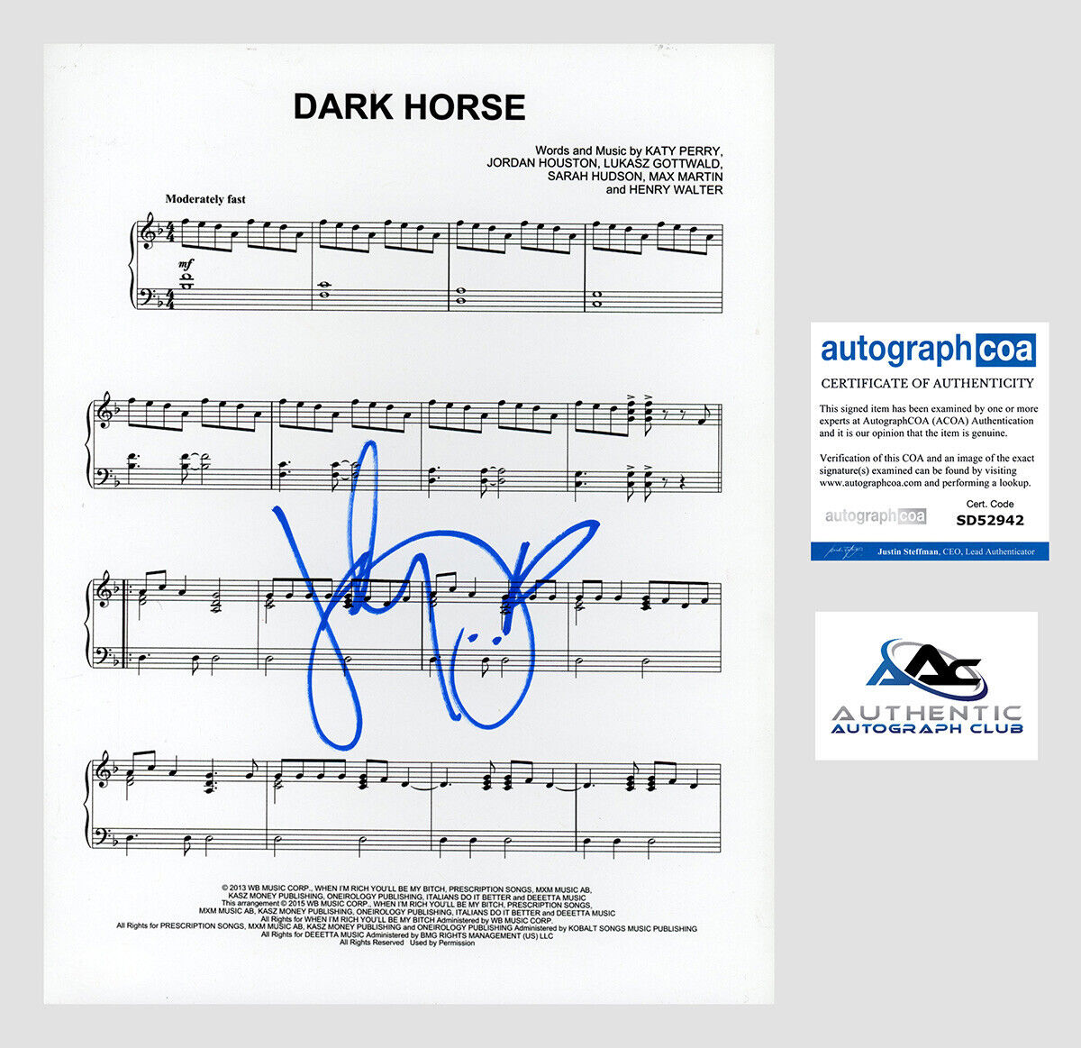 KATY PERRY AUTOGRAPH SIGNED SHEET MUSIC DARK HORSE ACOA