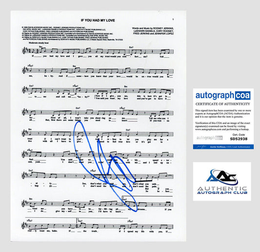JENNIFER LOPEZ AUTOGRAPH SIGNED SHEET MUSIC IF YOU HAD MY LOVE ACOA