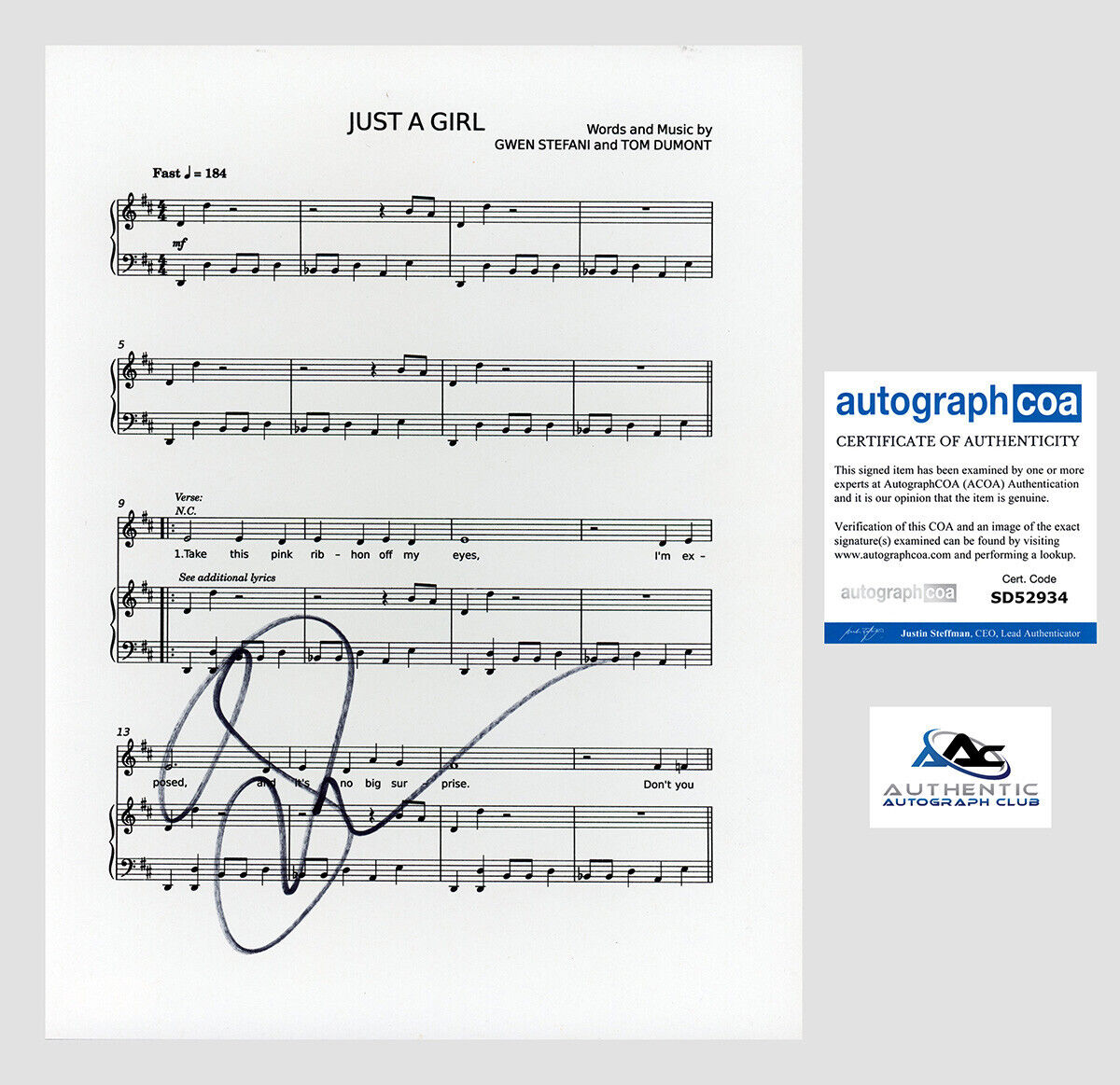 GWEN STEFANI AUTOGRAPH SIGNED SHEET MUSIC JUST A GIRL ACOA