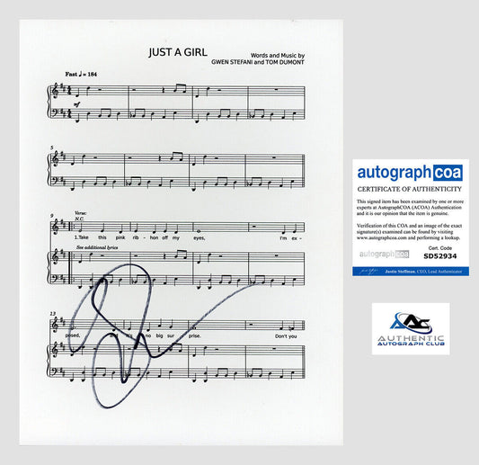 GWEN STEFANI AUTOGRAPH SIGNED SHEET MUSIC JUST A GIRL ACOA