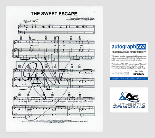 GWEN STEFANI AUTOGRAPH SIGNED SHEET MUSIC THE SWEET ESCAPE ACOA