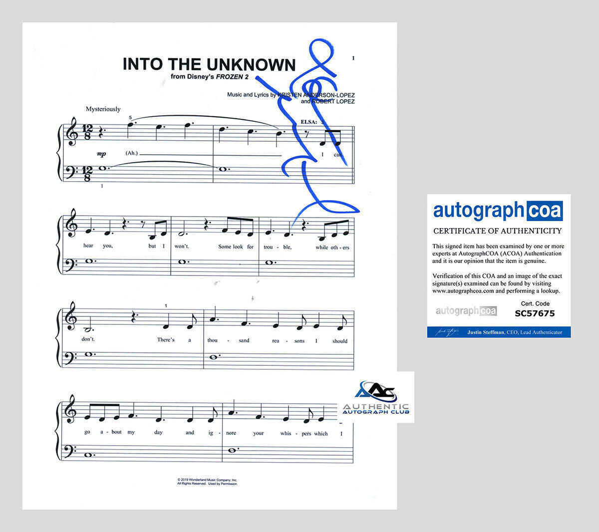 IDINA MENZEL AUTOGRAPH SIGNED FROZEN INTO THE UNKNOWN SHEET MUSIC ACOA