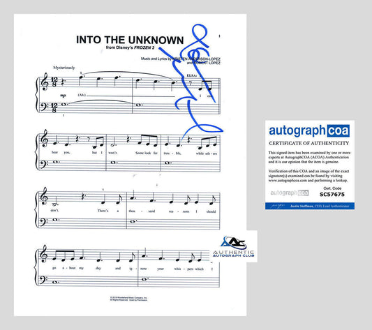 IDINA MENZEL AUTOGRAPH SIGNED FROZEN INTO THE UNKNOWN SHEET MUSIC ACOA