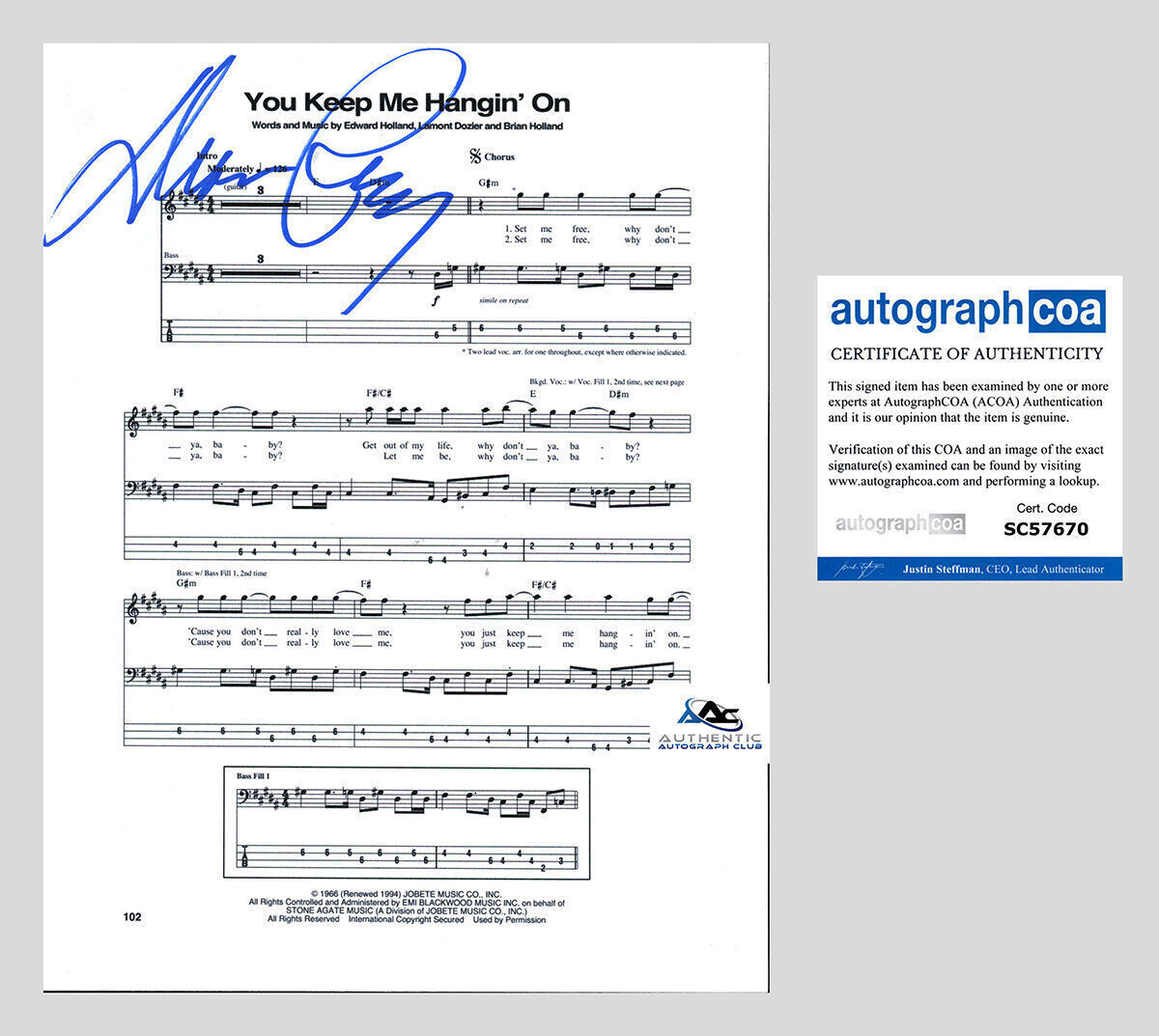 DIANA ROSS AUTOGRAPH SIGNED YOU KEEP ME HANGIN' ON SHEET MUSIC ACOA