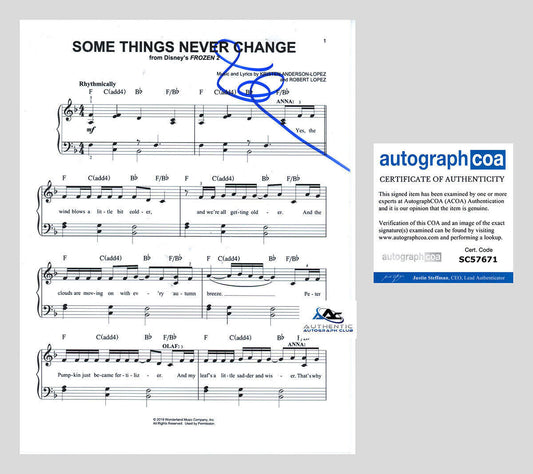 IDINA MENZEL AUTOGRAPH SIGNED FROZEN SOME THINGS NEVER CHANGE SHEET MUSIC ACOA