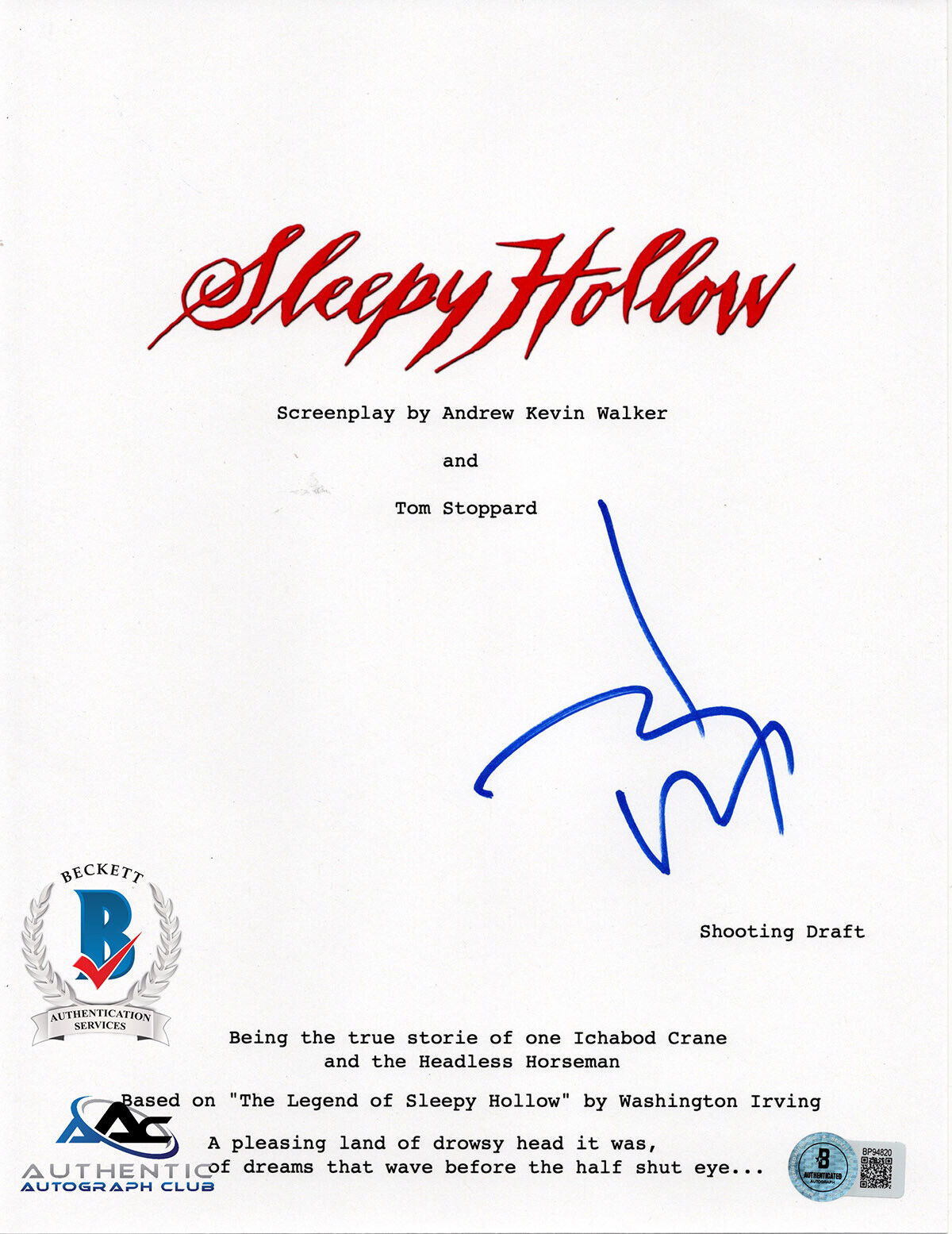 JOHNNY DEPP AUTOGRAPH SIGNED SLEEPY HALLOW SCRIPT SCREENPLAY BECKETT BAS COA