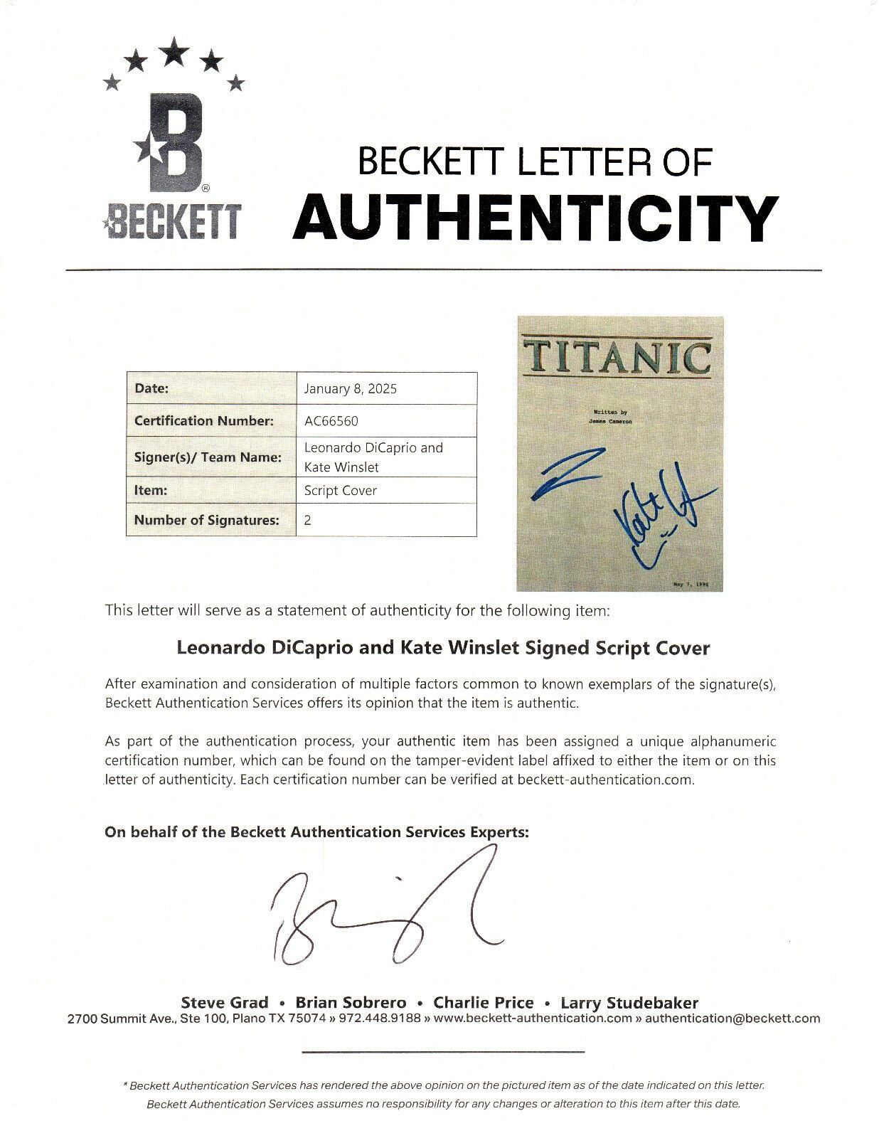 LEONARDO DICAPRIO KATE WINSLET AUTOGRAPH SIGNED FULL TITANIC SCRIPT BECKETT BAS