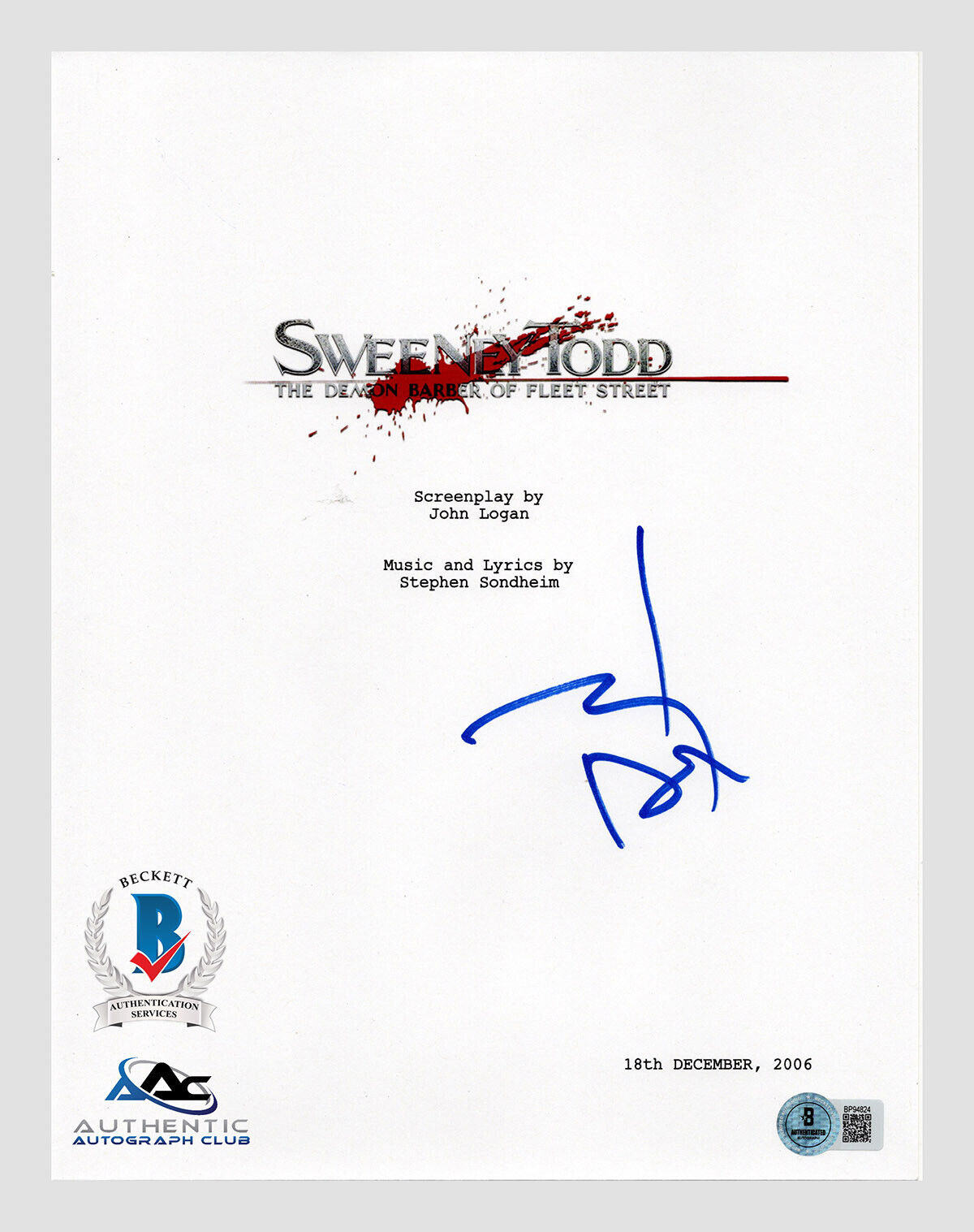 JOHNNY DEPP AUTOGRAPH SIGNED SWEENEY TODD SCRIPT SCREENPLAY BECKETT BAS COA