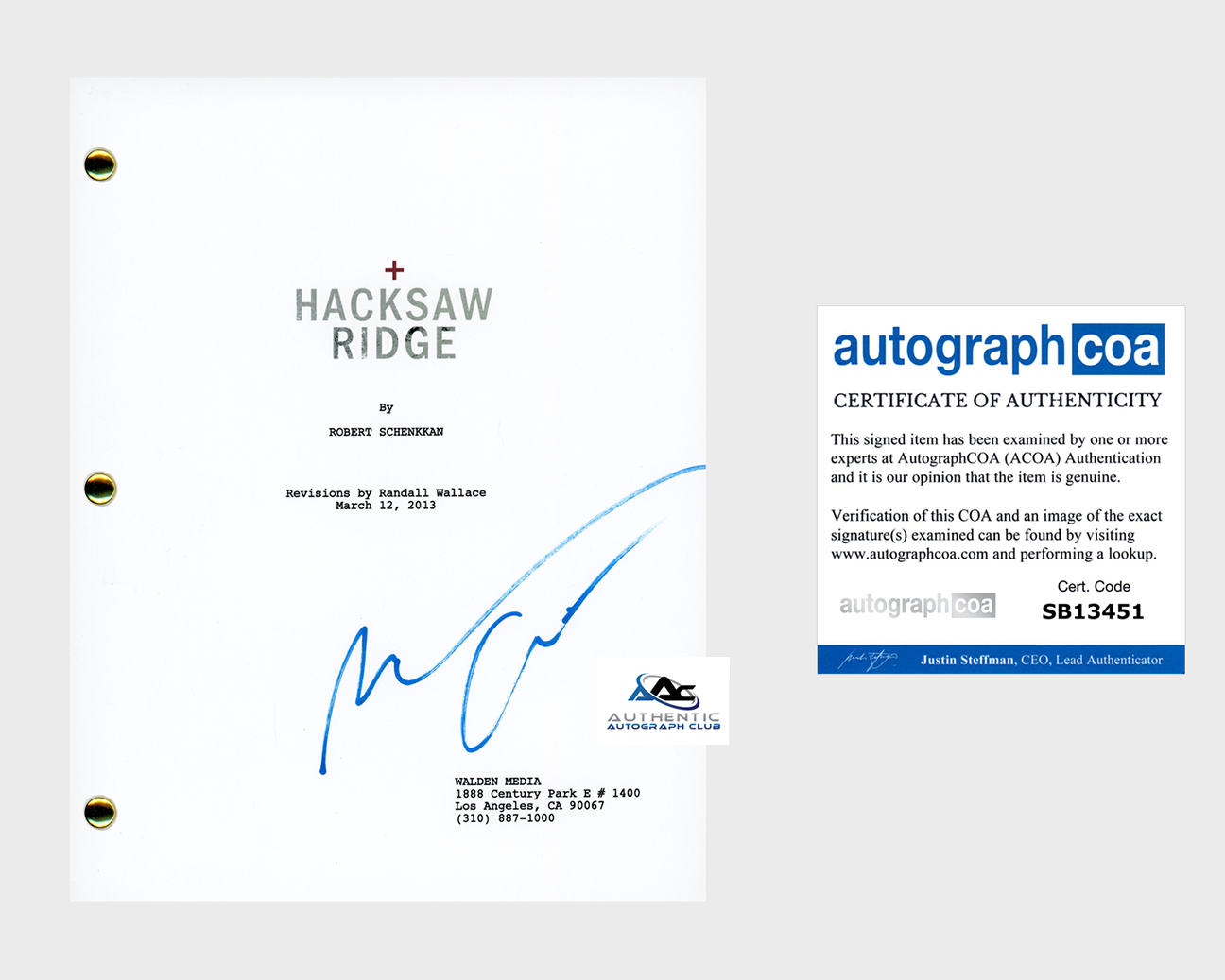 ANDREW GARFIELD AUTOGRAPH SIGNED HACKSAW RIDGE SCRIPT ACOA