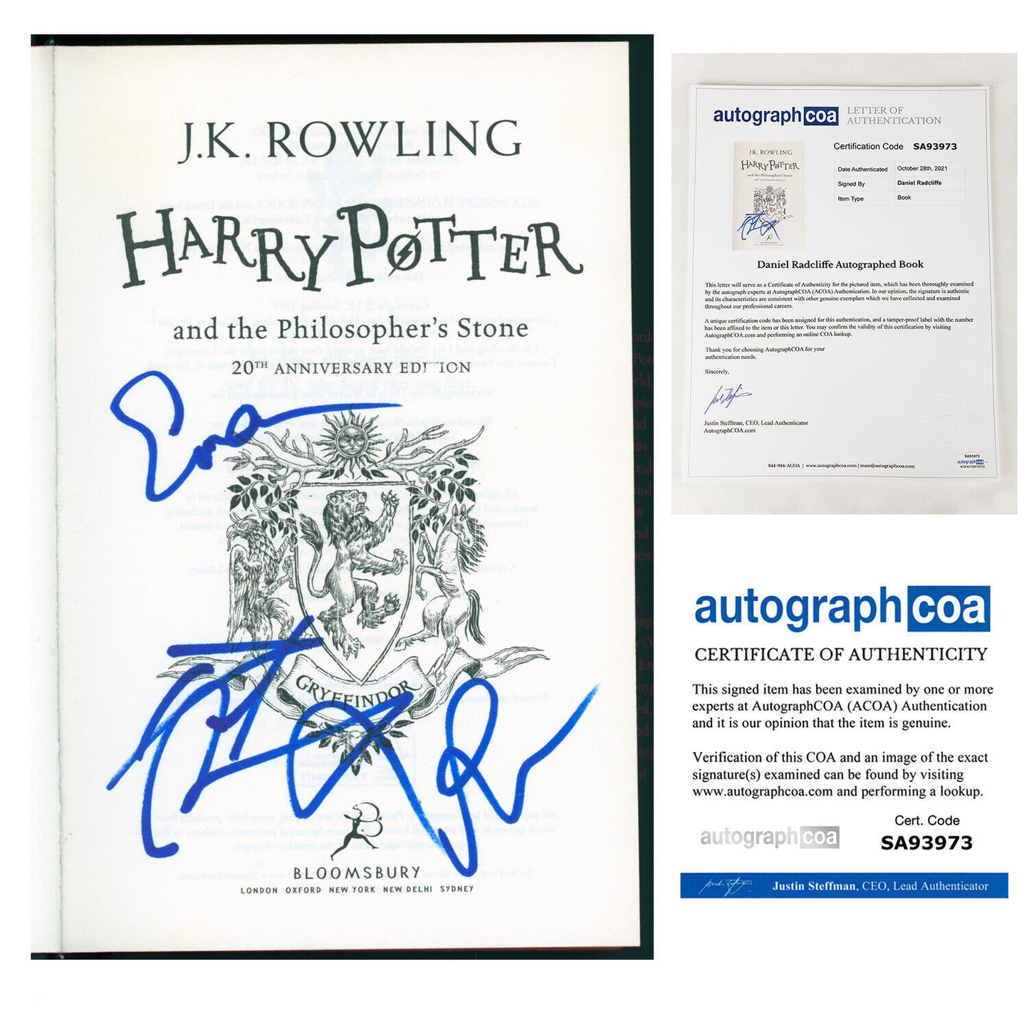 RARE DANIEL RADCLIFFE, EMMA WATSON GRINT AUTOGRAPH SIGNED HARRY POTTER BOOK ACOA