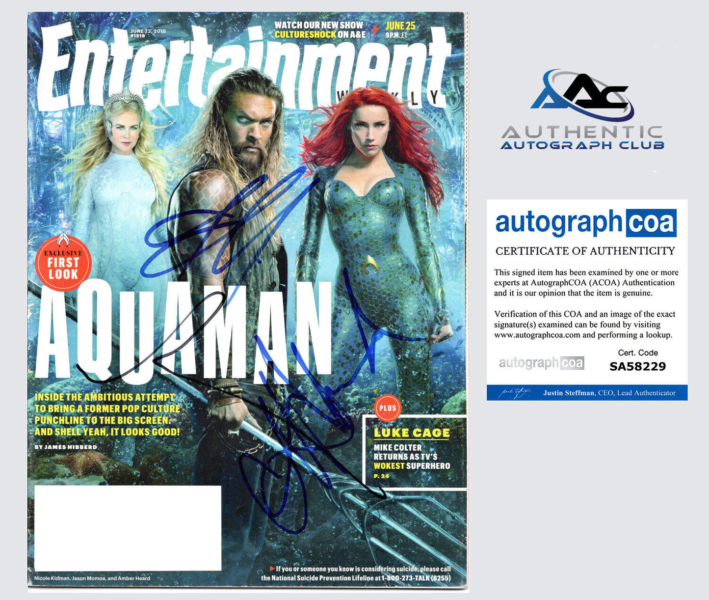 NICOLE KIDMAN, JASON MOMOA, HEARD AUTOGRAPH SIGNED AQUAMAN EW MAGAZINE ACOA