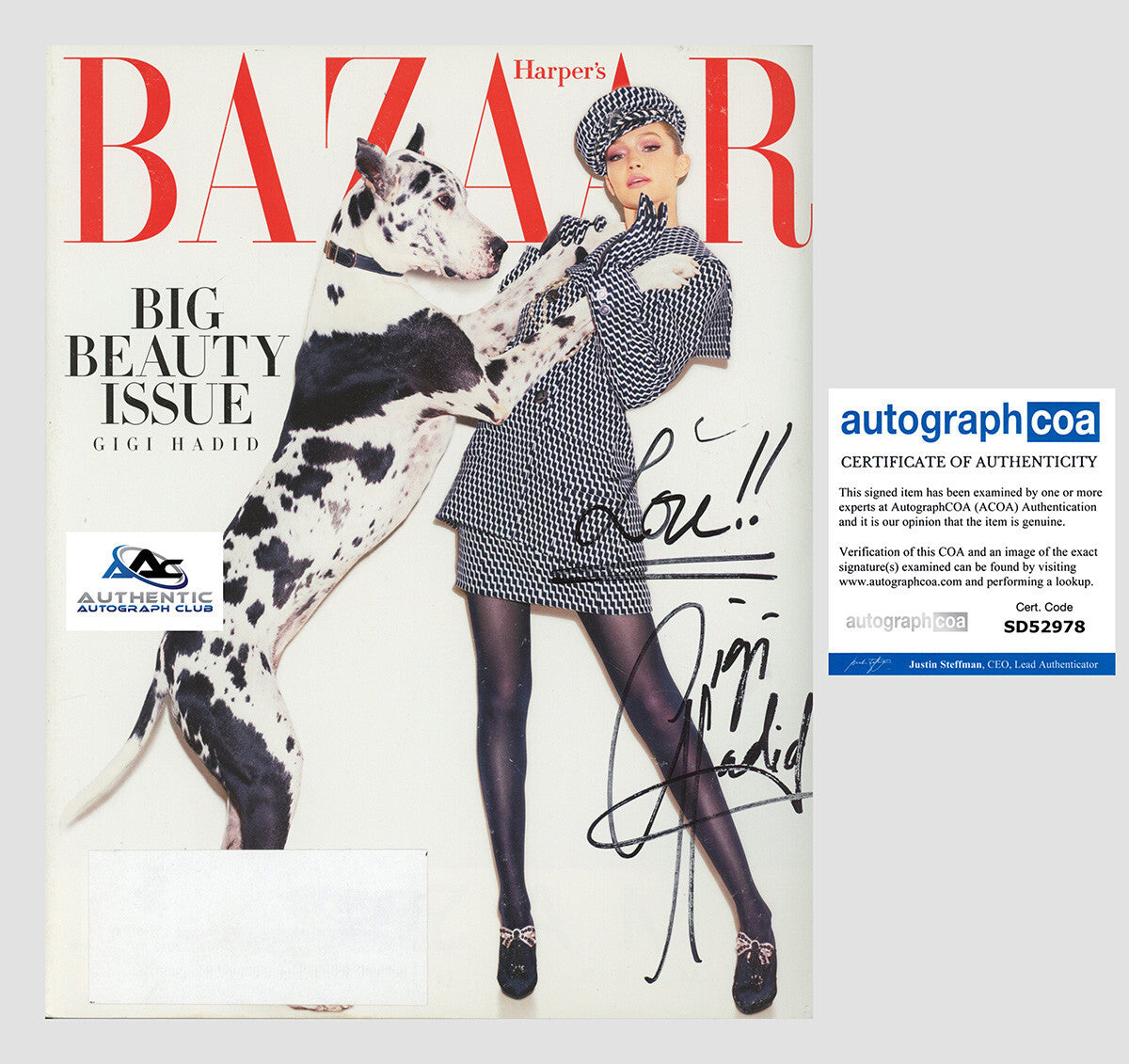 SUPERMODEL GIGI HADID AUTOGRAPH SIGNED HARPER'S BAZAAR MAGAZINE ACOA