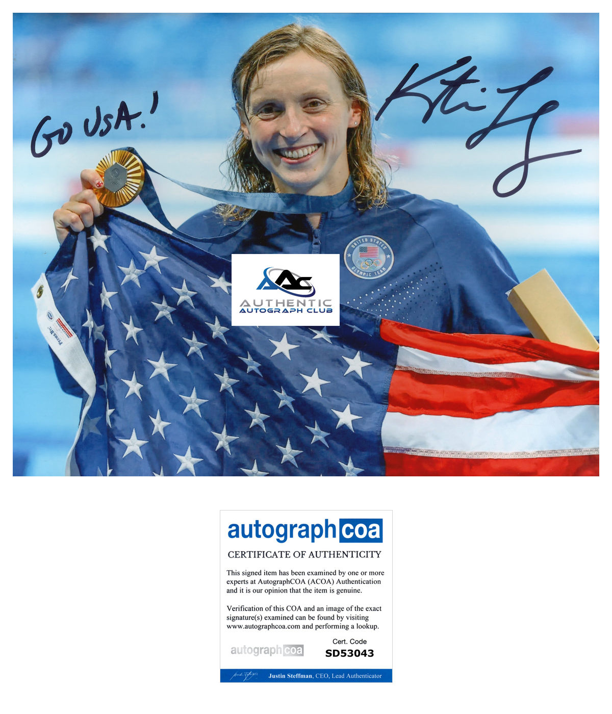 KATIE LEDECKY AUTOGRAPH SIGNED 8X10 PHOTO US WOMENS OLYMPIC SWIMMER ACOA