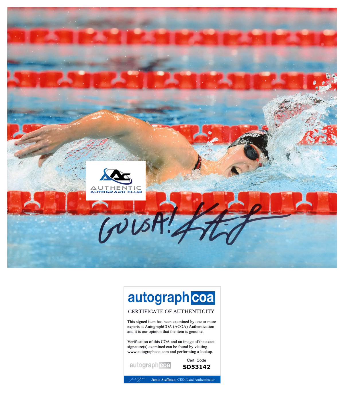 KATIE LEDECKY AUTOGRAPH SIGNED 8X10 PHOTO US WOMENS OLYMPIC SWIMMER ACOA