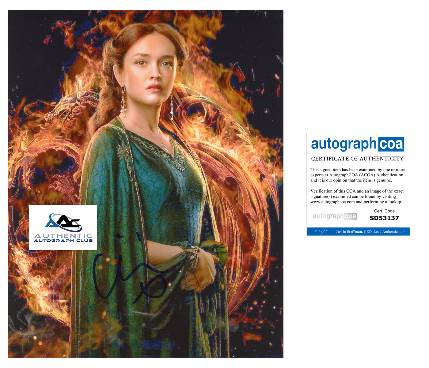 OLIVIA COOKE AUTOGRAPH SIGNED 8X10 PHOTO HOUSE OF THE DRAGON ACOA