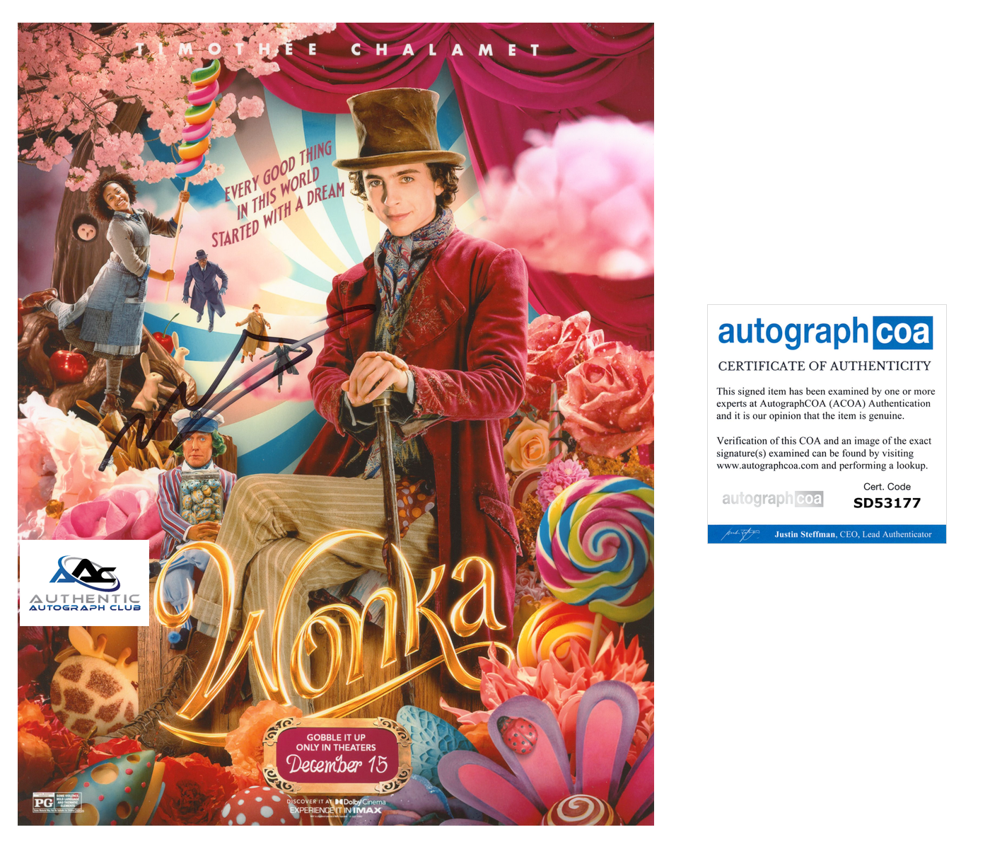 TIMOTHEE CHALAMET AUTOGRAPH SIGNED 8X10 PHOTO WILLY WONKA ACOA