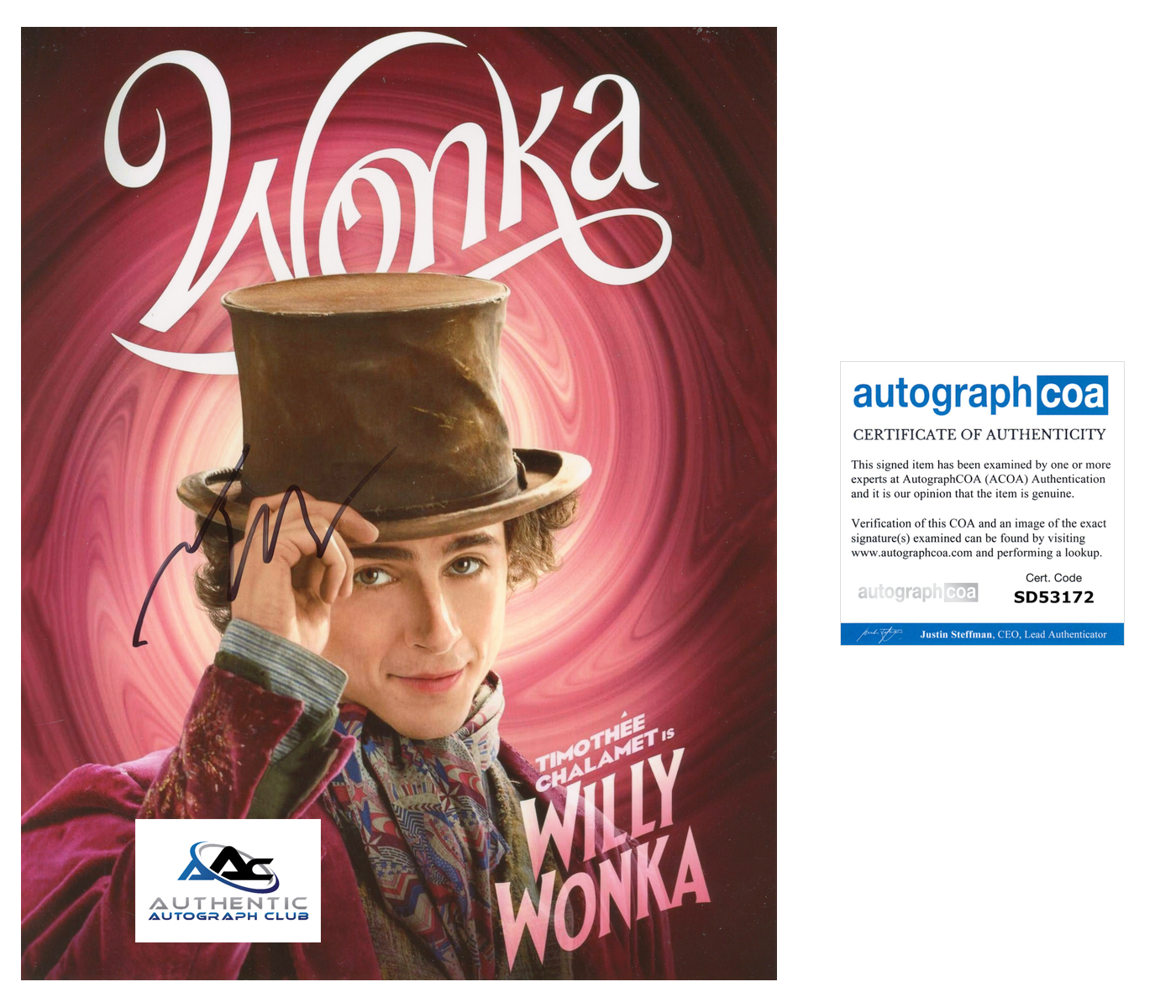 TIMOTHEE CHALAMET AUTOGRAPH SIGNED 8X10 PHOTO WILLY WONKA ACOA