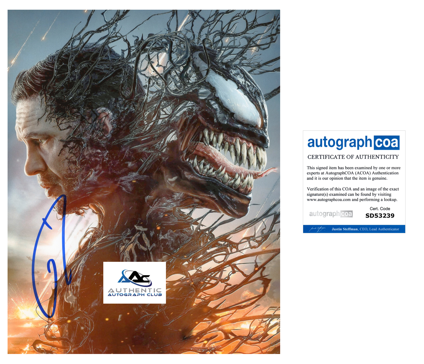 TOM HARDY AUTOGRAPH SIGNED 8x10 PHOTO MARVEL VENOM ACOA