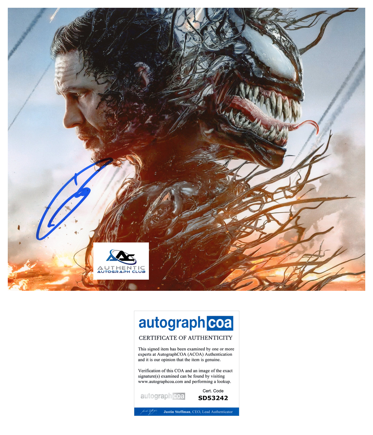 TOM HARDY AUTOGRAPH SIGNED 8x10 PHOTO MARVEL VENOM ACOA