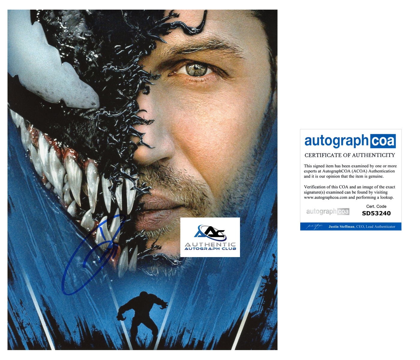 TOM HARDY AUTOGRAPH SIGNED 8x10 PHOTO MARVEL VENOM ACOA
