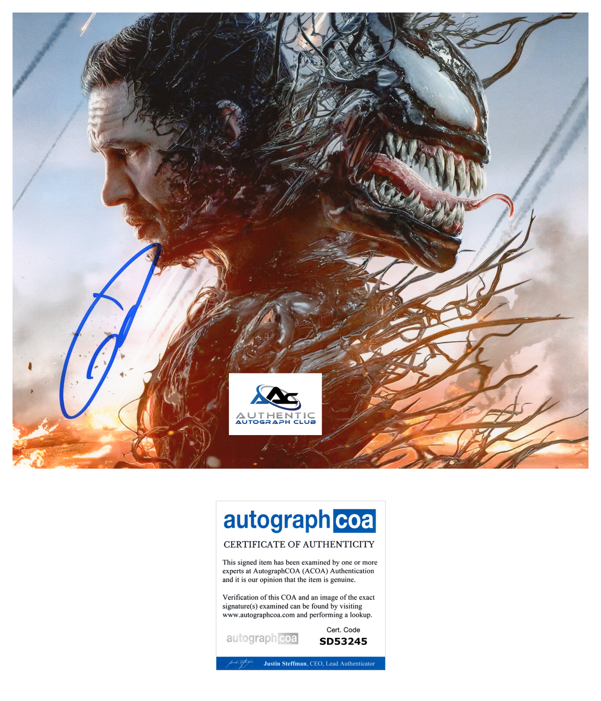 TOM HARDY AUTOGRAPH SIGNED 8x10 PHOTO MARVEL VENOM ACOA