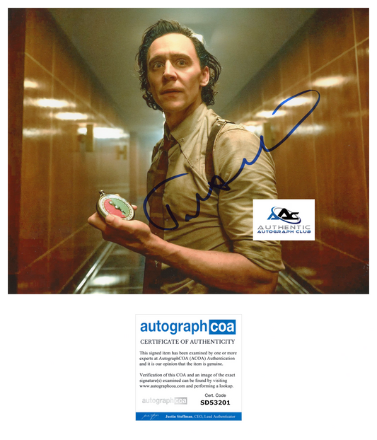 TOM HIDDLESTON AUTOGRAPH SIGNED 8X10 PHOTO LOKI THOR AVENGERS MARVEL ACOA COA