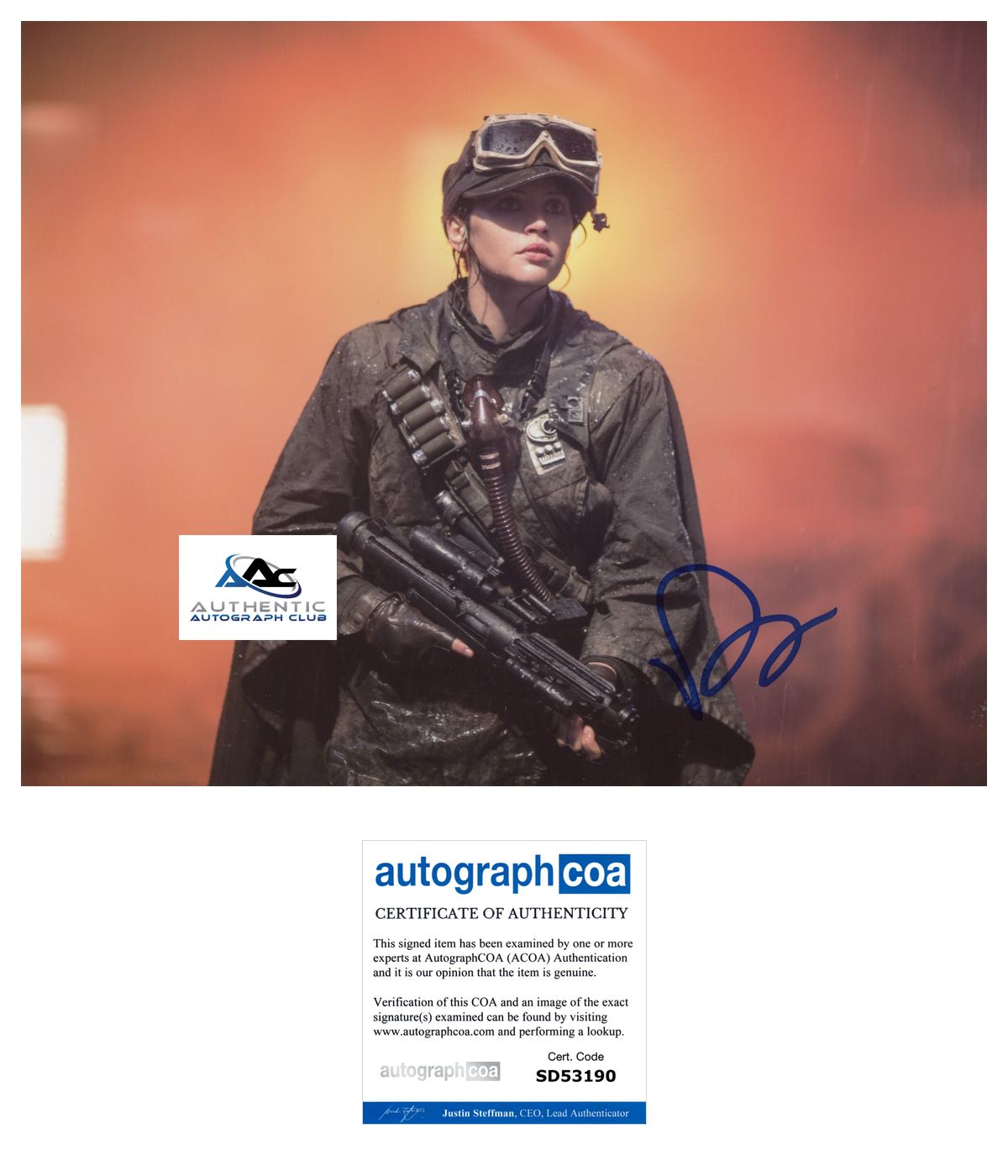FELICITY JONES AUTOGRAPH SIGNED 8X10 PHOTO STAR WARS ROGUE ONE ACOA