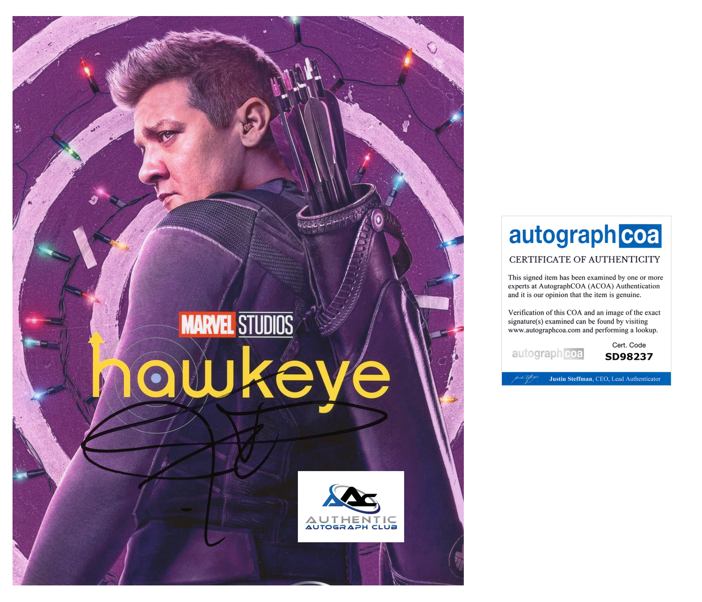 JEREMY RENNER AUTOGRAPH SIGNED 8x10 PHOTO HAWKEYE MARVEL ACOA