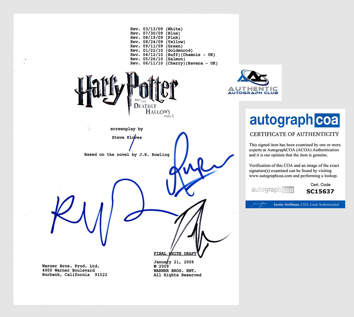 DANIEL RADCLIFFE +2 AUTOGRAPH SIGNED HARRY POTTER DEATHLY HALLOWS SCRIPT