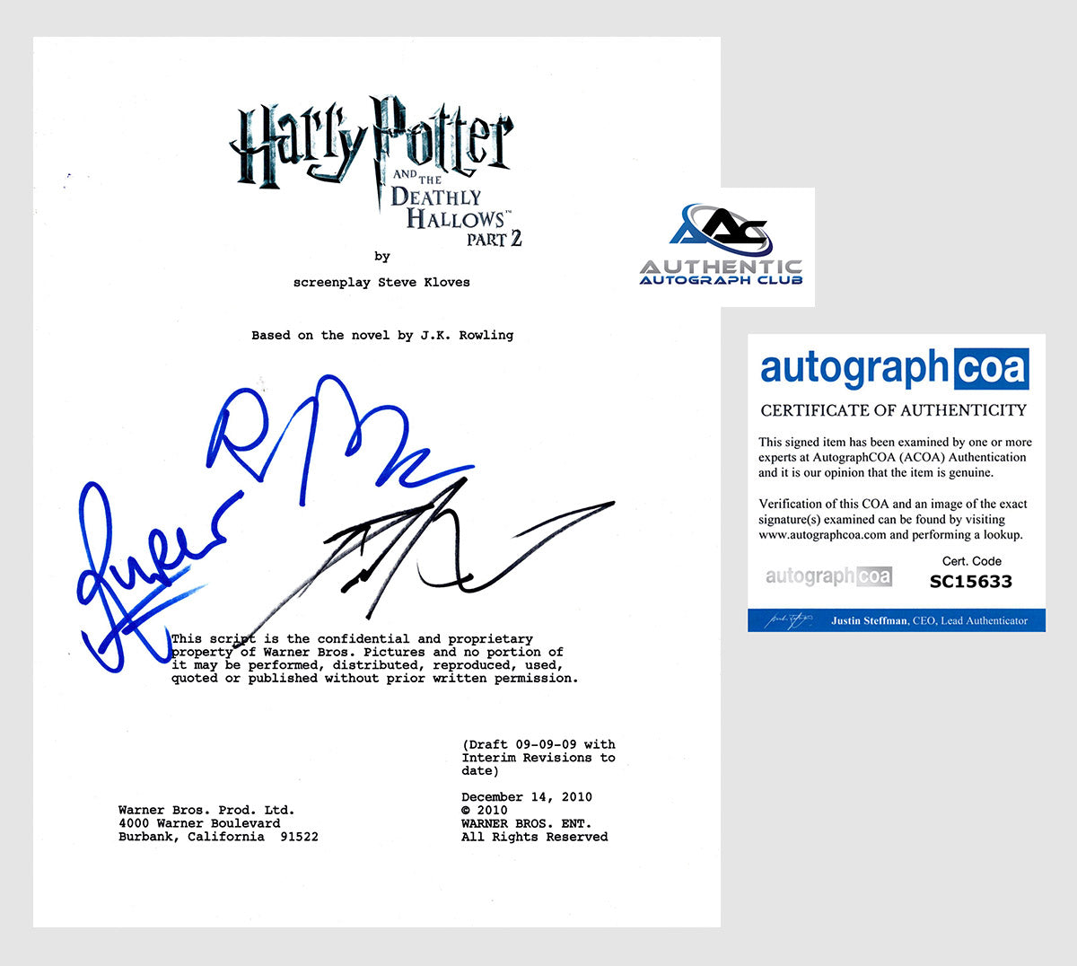 DANIEL RADCLIFFE +2 AUTOGRAPH SIGNED HARRY POTTER DEATHLY HALLOWS SCRIPT
