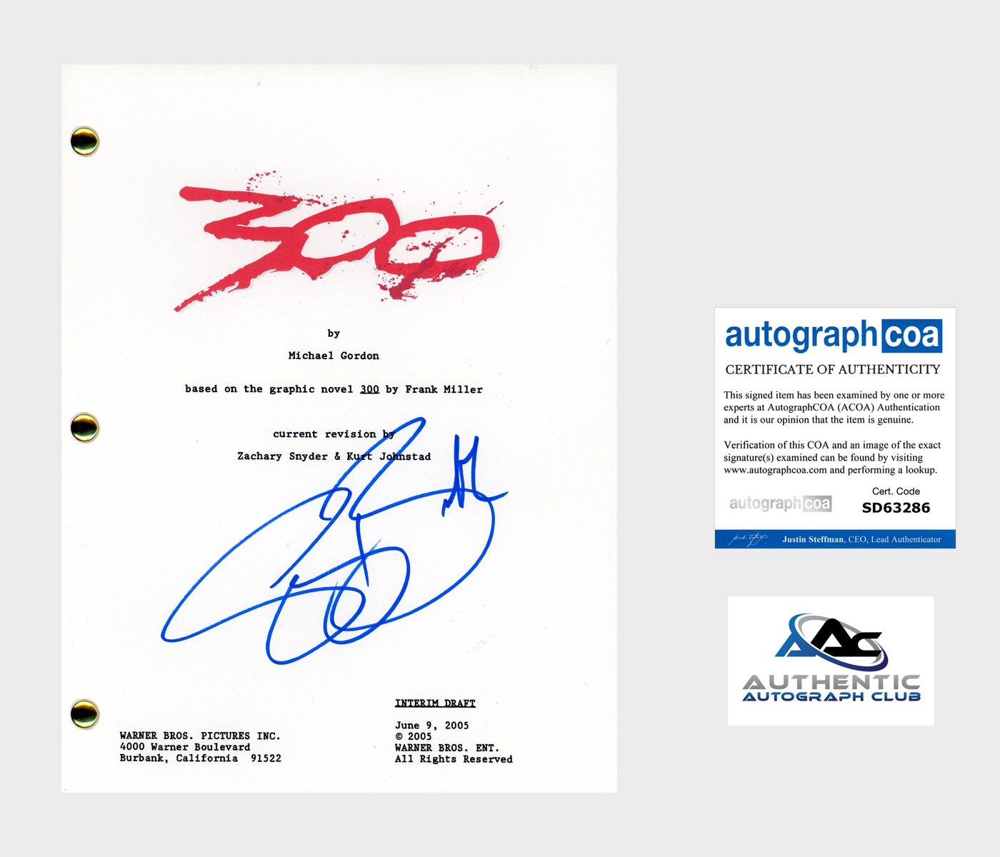 GERARD BUTLER AUTOGRAPH SIGNED 300 SCRIPT SCREENPLAY ACOA