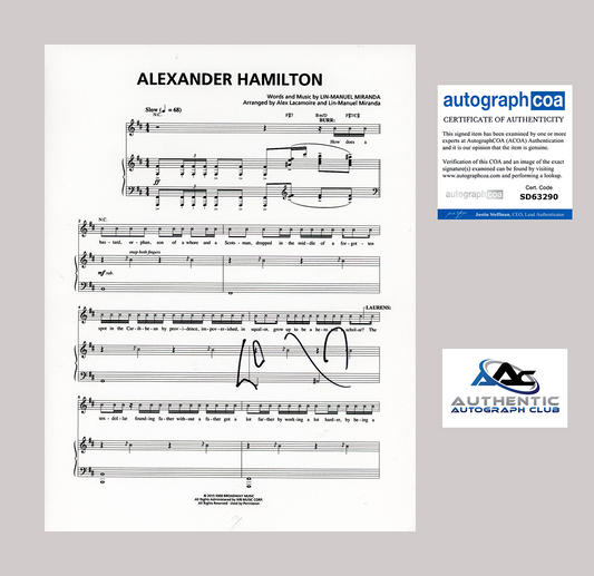 LIN MANUEL MIRANDA AUTOGRAPH SIGNED ALEXANDER HAMILTON SHEET MUSIC ACOA