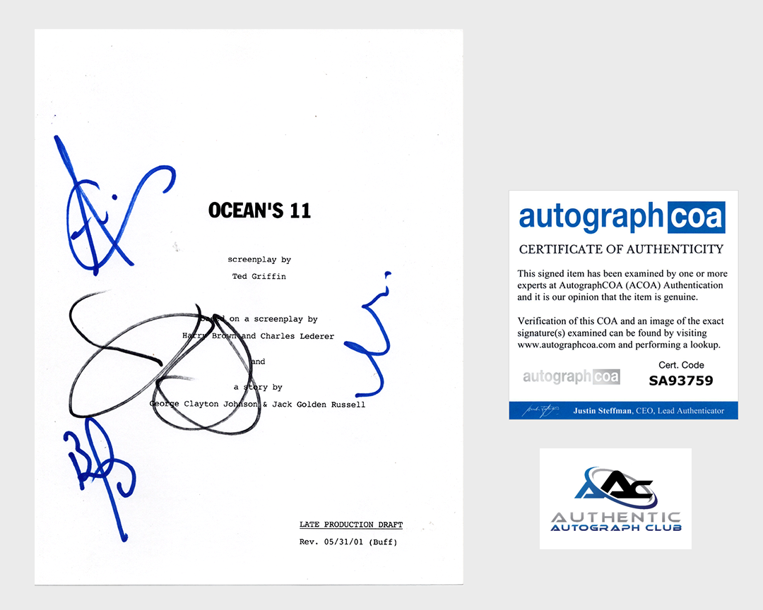 BRAD PITT JULIA ROBERTS DAMON +1 AUTOGRAPH SIGNED OCEAN'S 11 FULL MOVIE SCRIPT ACOA