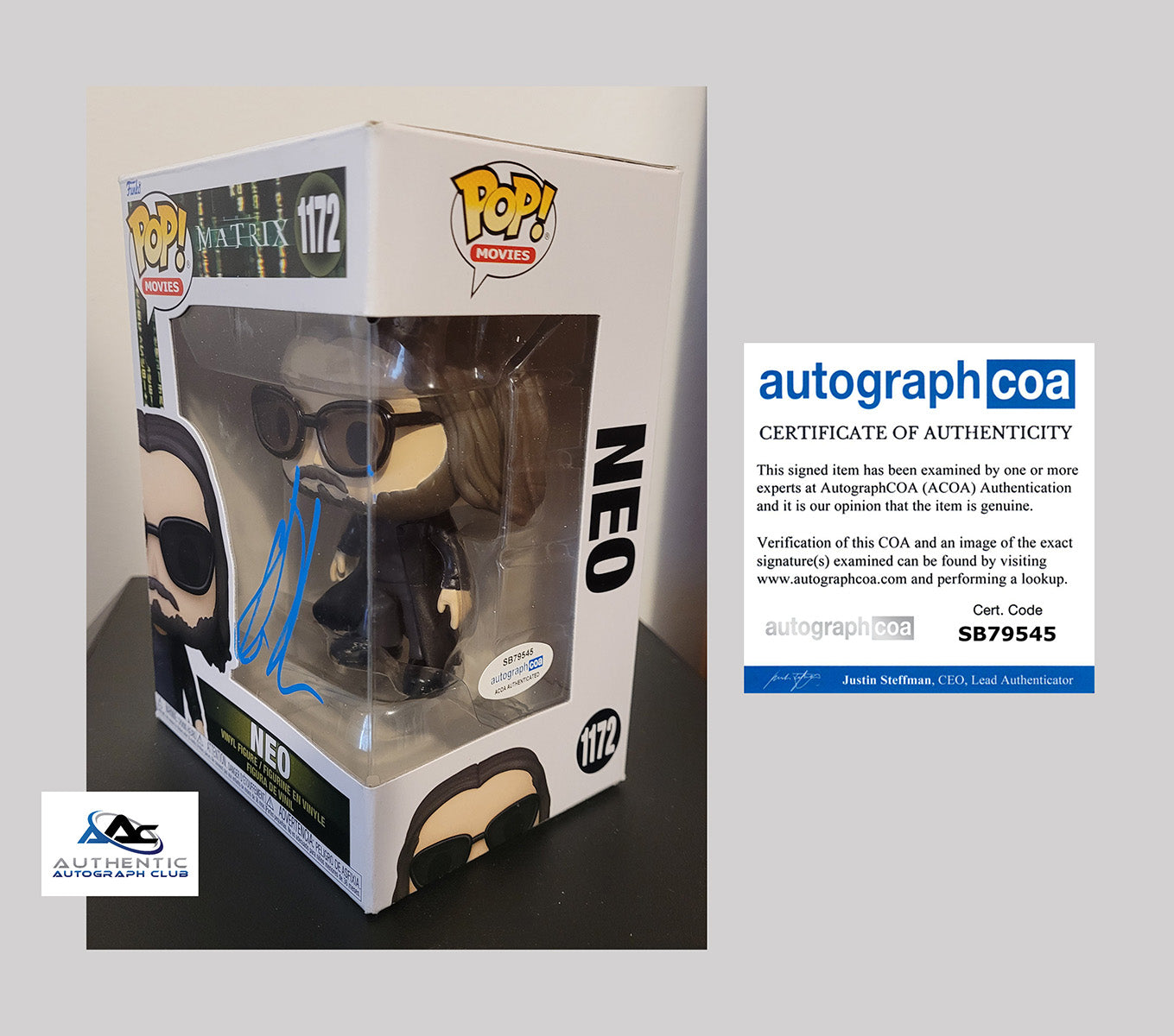 KEANU REEVES AUTOGRAPH SIGNED MATRIX NEO FUNKO POP 1172 ACOA