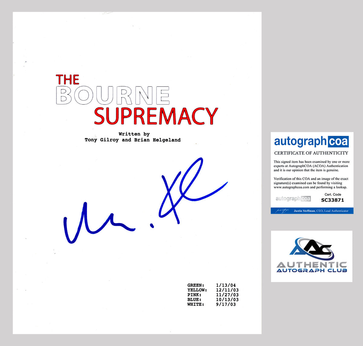 MATT DAMON KARL URBAN AUTOGRAPH SIGNED THE BOURNE SUPREMACY FULL SCRIPT ACOA