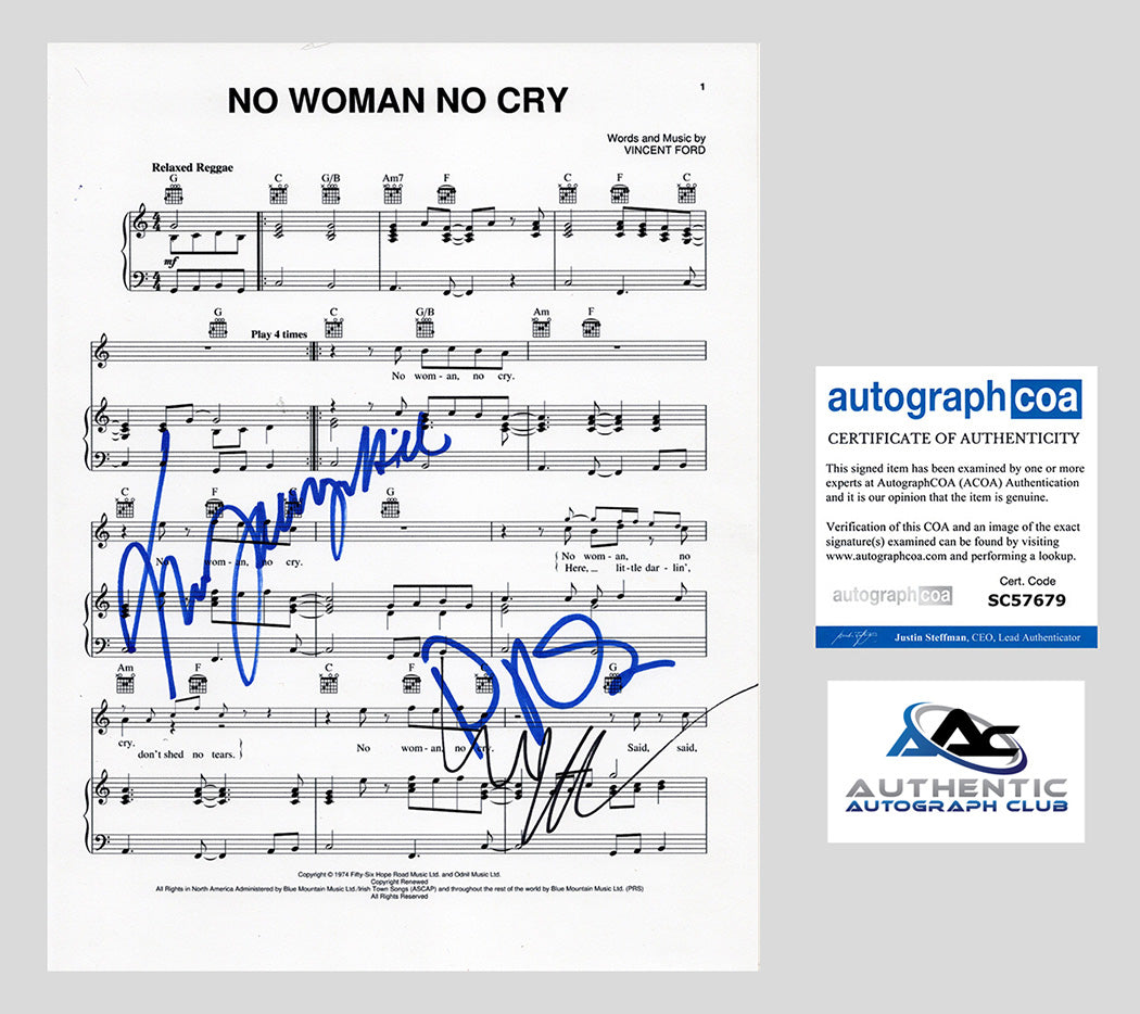 LAURYN HILL, WYCLEF JEAN AND PRAS AUTOGRAPH SIGNED NO WOMAN NO CRY FUGEES SHEET MUSIC ACOA