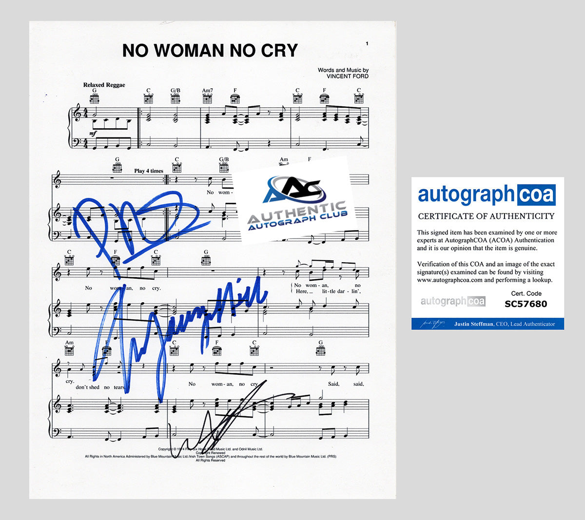 LAURYN HILL, WYCLEF JEAN AND PRAS AUTOGRAPH SIGNED NO WOMAN NO CRY FUGEES SHEET MUSIC ACOA