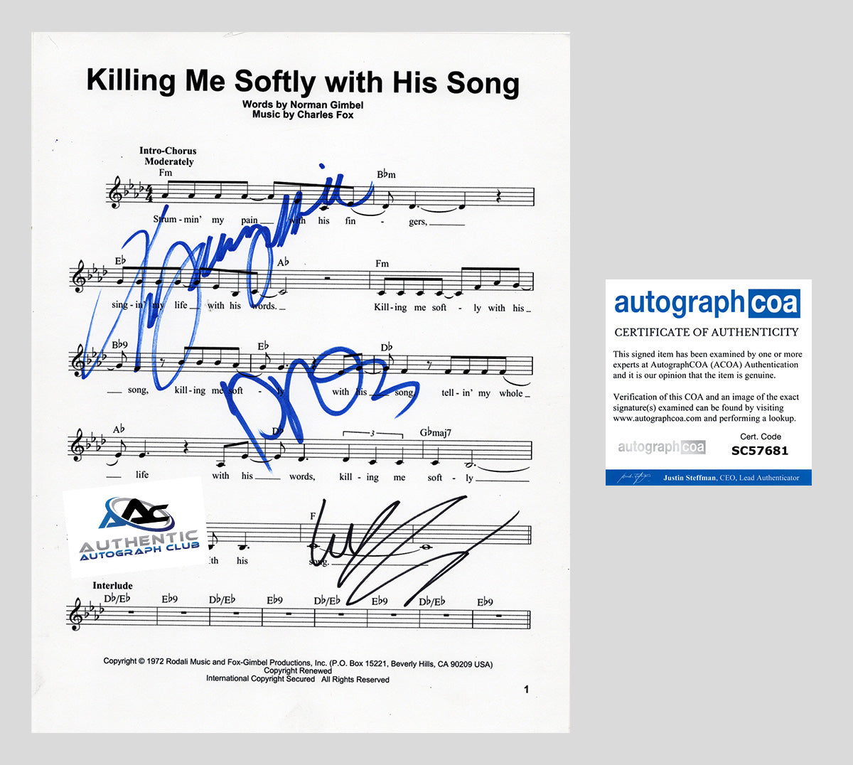 LAURYN HILL, WYCLEF JEAN AND PRAS AUTOGRAPH SIGNED KILLING ME SOFTLY WITH HIS SONG FUGEES SHEET MUSIC ACOA