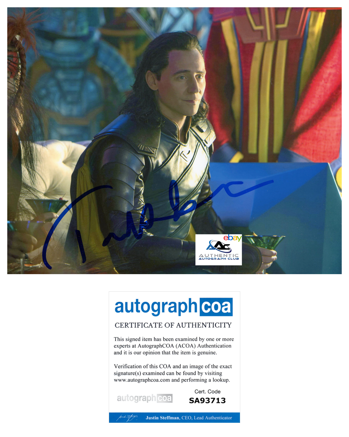 TOM HIDDLESTON AUTOGRAPH SIGNED 8X10 PHOTO LOKI THOR AVENGERS MARVEL ACOA COA