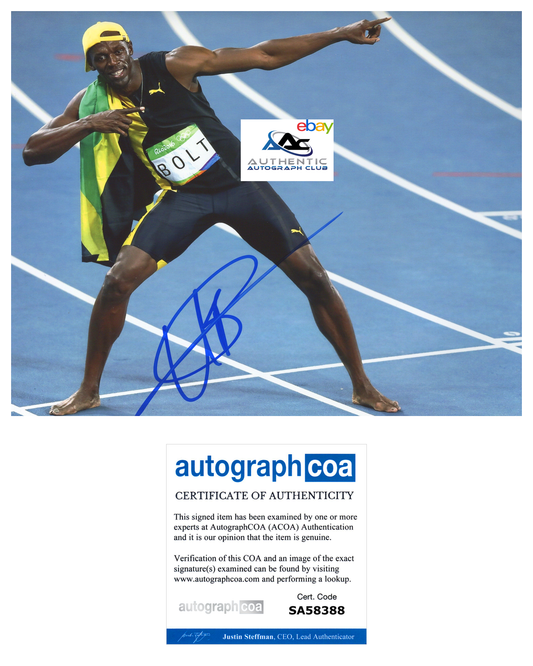 USAIN BOLT AUTOGRAPH SIGNED 8X10 PHOTO OLYMPIC GOLD MEDALIST ACOA